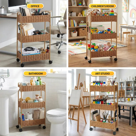 Ultra Slim 3 Tier Rolling Storage Cart for Small Spaces Narrow 7.1 Inch Wide Mobile Shelving Unit in various room settings