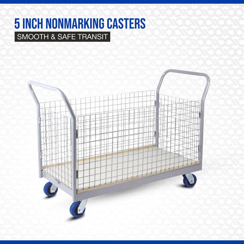 Steel Frame Platform Cart With Removable Mesh Panels And Plywood Deck Built As A True Shop Beast For Rolling Totes Boxes And Bins Features Five Inch Nonmarking Wheels That Handle Two Thousand Pounds Of Gear With No Sweat