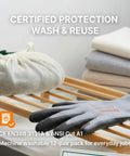 Ultra Thin Nitrile Work Gloves FN330 on a drying rack, grey, medium, emphasis on machine washable feature, pack of 12 pairs.
