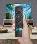 Hand holding a universal replacement remote for all Insignia Toshiba Pioneer Fire Smart TVs with no setup required plug and play infrared controller that works right out of the box batteries included for easy no fuss TV control in a living room