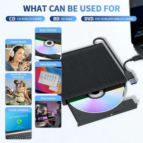 External Blu Ray Drive On The Go Portable Blu Ray Player And CD DVD Burner With USB 3 And Type C Reader Read BD DVD CD Plug And Play Lightweight For Windows Mac Linux 2 In 1, black slim drive with USB cable