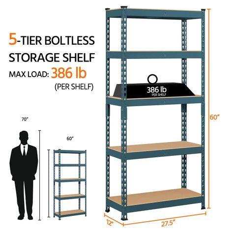 Totally Legit Five Tier Metal Storage Shelving Rack With Adjustable Levels And Slick Modular Design, Spacious 27.5X12X60 Inch Neptune Blue Organizer Kicks Clutter To The Curb For Home Or Garage