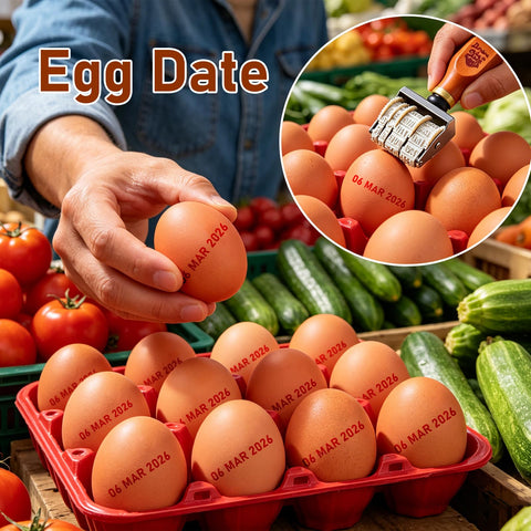 Dope Self Inking Roller Date Stamp Featuring Adjustable Day Month And Year Settings From 2025 To 2036 With A Solid Storage Base For Planners Scrapbooks And Daily Journaling That Will Be A Real Game Changer For Your Desk on eggs at a market.