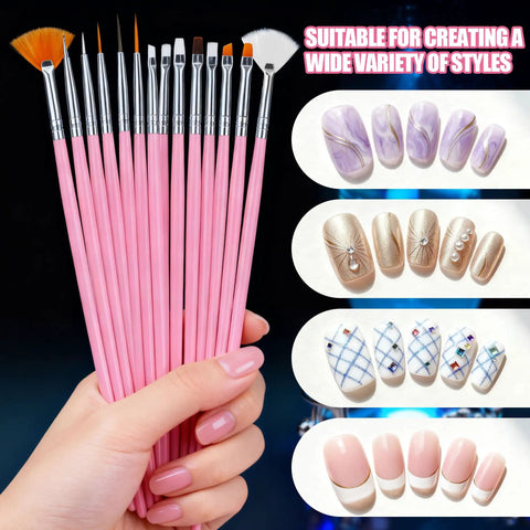 Complete Nail Art Kit With Stands And Tools Featuring 15 Black Nail Brushes displayed with various nail designs
