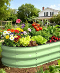 No-Fuss Easy Start Raised Garden Bed 4x2x1 Ft Galvanized Metal Planter Box With Safety Edge Trim, filled with vegetables and flowers