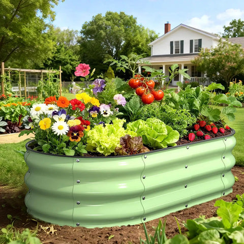 No-Fuss Easy Start Raised Garden Bed 4x2x1 Ft Galvanized Metal Planter Box With Safety Edge Trim, filled with vegetables and flowers
