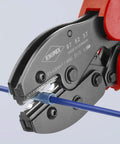 Close-up of Preciforce Crimp Lever Pliers for insulated and non-insulated ferrules, showing crimping action on a blue wire.