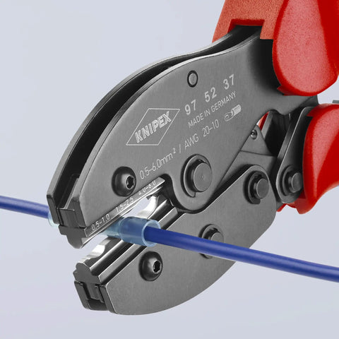 Close-up of Preciforce Crimp Lever Pliers for insulated and non-insulated ferrules, showing crimping action on a blue wire.