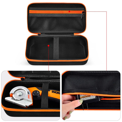 Compact, Rugged Tool Case For ZipSnip And SnapFresh Cordless Scissors With Zipper Mesh Pocket For Batteries, Blades, Cables, And Instructions, Fabric Cutter Storage Organizer, Black Case Only displayed open with compartments