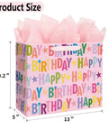 13 Inch Pink Happy Birthday Gift Bag With Colorful Lettering Design Card Tissue Paper And Sturdy Handles For Kids And Adults