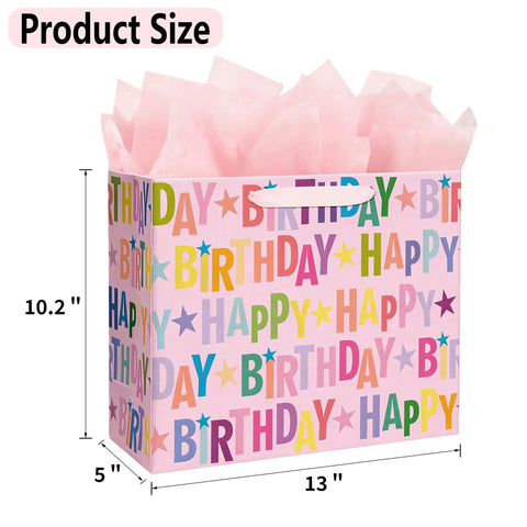 13 Inch Pink Happy Birthday Gift Bag With Colorful Lettering Design Card Tissue Paper And Sturdy Handles For Kids And Adults