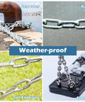 Weather-proof stainless steel chain 3/16 inch by 2 ft in various outdoor conditions: seawater, rain, sun exposure, and frozen.