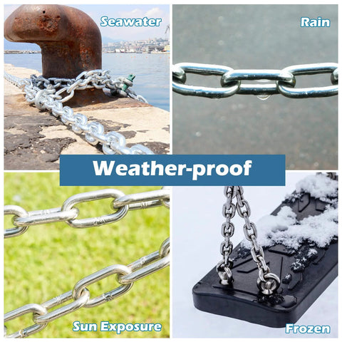 Weather-proof stainless steel chain 3/16 inch by 2 ft in various outdoor conditions: seawater, rain, sun exposure, and frozen.