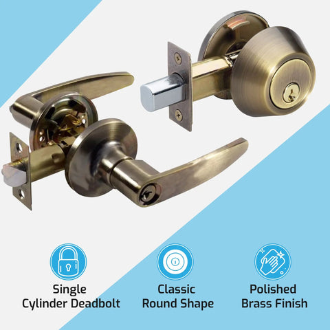 Tustin Series Keyed Alike Entry Lever Lock and Single Cylinder Deadbolt Combo in Antique Brass Finish With Keyway, 4 Pack