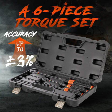 Six Piece Pro Grade Torque Wrench Set With Quarter, Three Eighths, And One Half Inch Drives, Click Wrenches in storage case.