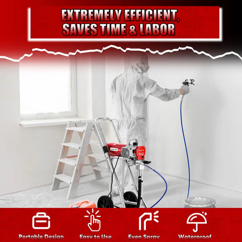 Professional Airless Paint Sprayer Pumping 3300 Psi And 0.47 GPM Flow Rate in use on a wall with ladder in background.