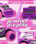 Product display of Pink Purple 1:20 Scale RC Monster Truck With LED Lights And DIY Windmills, showing front, rear, tires, and PVC shell close-ups.