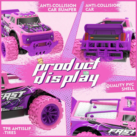 Product display of Pink Purple 1:20 Scale RC Monster Truck With LED Lights And DIY Windmills, showing front, rear, tires, and PVC shell close-ups.