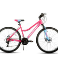26 Inch Women's Mountain Bike With Step Through Frame Durable Carbon Steel Build 18 Speed Gearing Bright Pink