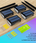 Solar Color Spotlight Lights Outdoor 35 LEDs Multicolor IP67 Waterproof 4 Pack With Auto Cycling Color Mode And Eight Fixed Colors, stakes, and accessories.