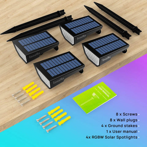 Solar Color Spotlight Lights Outdoor 35 LEDs Multicolor IP67 Waterproof 4 Pack With Auto Cycling Color Mode And Eight Fixed Colors, stakes, and accessories.