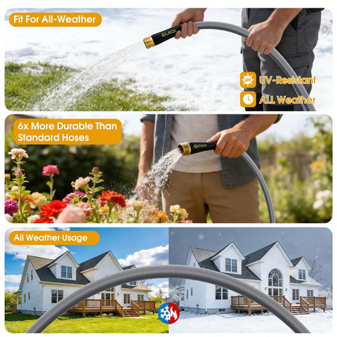 GUKOK garden hose, 100 ft non-expanding, ultra-light, kink-free; water spraying in yard.