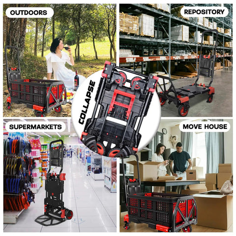 2 In 1 Folding Hand Truck Dolly Cart Heavy Duty Moving Carrier with 4 Foldable Wheels and Telescoping Handle 330lbs Capacity Red