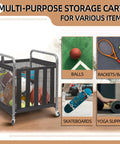 Ball Storage Bin Rolling Sports Cart with Durable Metal Frame featuring multi-purpose storage for various sports items