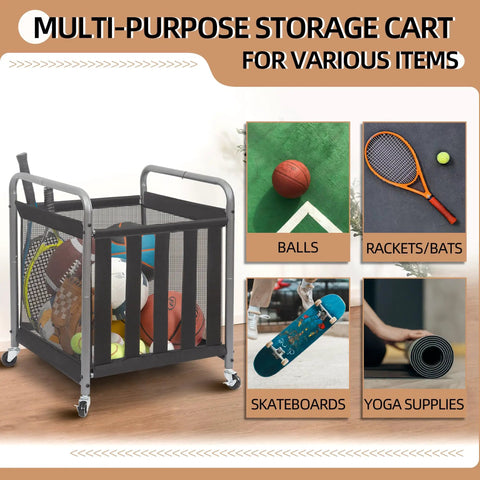 Ball Storage Bin Rolling Sports Cart with Durable Metal Frame featuring multi-purpose storage for various sports items