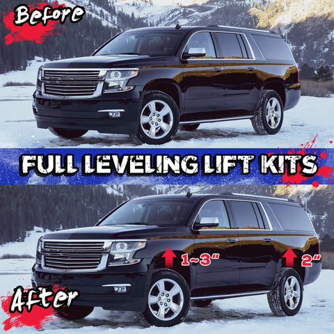 Before and after using Beefed Up Lift Kit For Tahoe Yukon Suburban Avalanche 1500 2002 2006 1 To 3 Inch Front Torsion Bar Key And 2 Inch Rear Spacers With Shock Extenders For GMC And Chevy SUVs