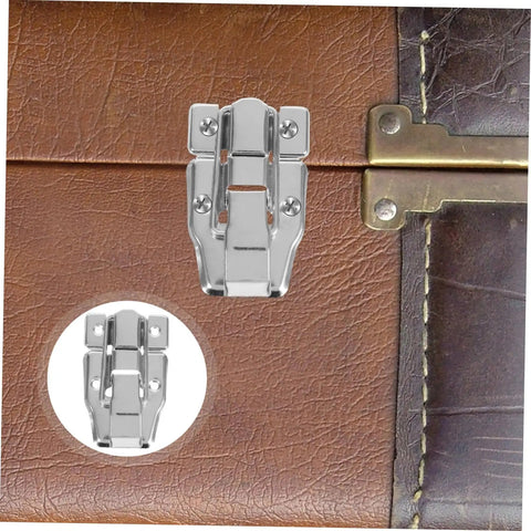 Close-up of Six Pack Vintage Duckbilled Toggle Latch Kit with screws for wooden boxes, installed on a brown leather case.