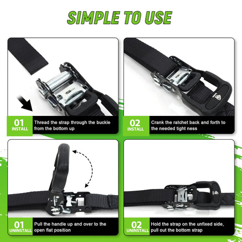 Beefy Four Pack Heavy Duty Ratchet Straps 1.5 Inch By 15 Foot Tie Downs With 5,208 Pounds Break Strength usage instructions