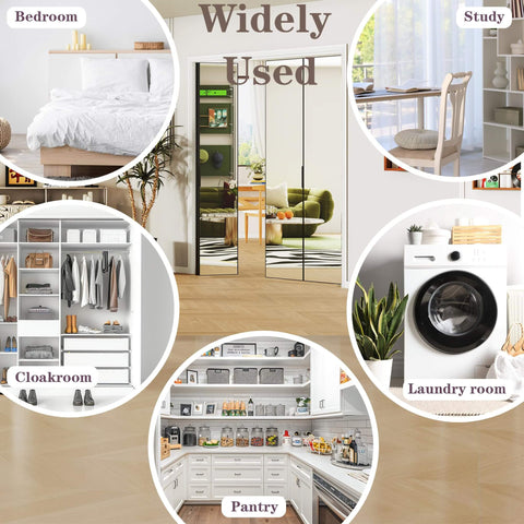 Black Aluminum Bifold Mirror Door For 60x80 Opening, Preassembled With Hardware Kit, shown in bedroom, study, cloakroom, pantry, and laundry room settings.