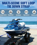 Soft Loop Tie Down Straps 4 Pack 1.6 Inch By 17 Inch 5000 Lbs Break Strength Heavy Duty With Soft Loop Ends For Securing Motorcycles ATVs UTVs Kayaks Dirt Bikes Blue holding a jet ski on a trailer