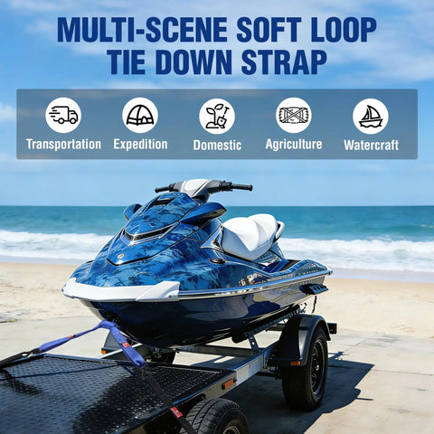 Soft Loop Tie Down Straps 4 Pack 1.6 Inch By 17 Inch 5000 Lbs Break Strength Heavy Duty With Soft Loop Ends For Securing Motorcycles ATVs UTVs Kayaks Dirt Bikes Blue holding a jet ski on a trailer