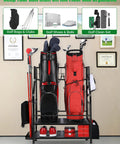 Two Tier Golf Bag Storage Organizer for Garage Holds Two Golf Bags Plus Extra Clubs Shoes Balls and Accessories with Side Ball Pouch and Side Rack for Flags Towels and Hooks Grab and Go Ready showing red and black golf bags with organized shelves, hooks, and accessories