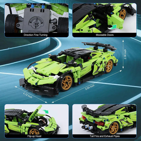 2 In 1 Remote Control Race Car And Robot Building Kit With 429 Pieces, displaying green car on a track with moving parts.
