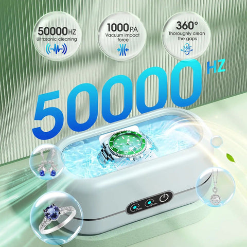 Ultrasonic Jewelry Cleaner With Digital Timer 50KHz Deep Clean In 304 Stainless Steel showing watch and jewelry cleaning in water.