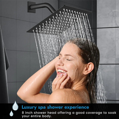 Shower Faucet Set With Rainfall Head And No Fuss Handle Valve Modern Wall Mount 8 Inch Matte Black Shower System in use