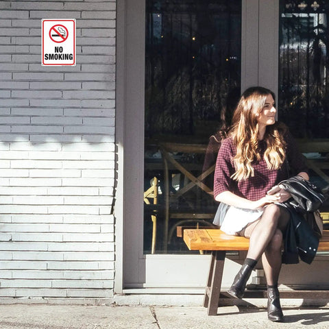 No Smoking Sign 3 Pack Heavy Duty Metal Aluminum Reflective Signs 10 By 7 Inches.040 Aluminum Rust Free UV near woman on bench