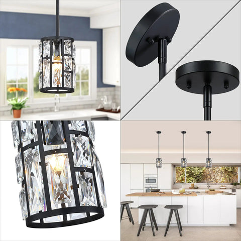 Modern Crystal Pendant Lights 3 Pack Matte Black Finish Hanging Fixtures With Clear Faceted Crystals for kitchen