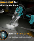 Cordless 14 Gauge Sheet Metal Cutter With 360 Degree Pivoting Head And 400Nm Brushless Motor Electric Metal Shears in use with LED light