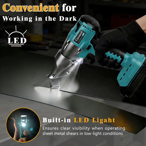 Cordless 14 Gauge Sheet Metal Cutter With 360 Degree Pivoting Head And 400Nm Brushless Motor Electric Metal Shears in use with LED light
