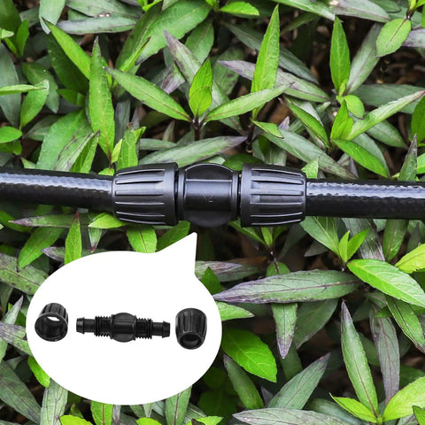 Half Inch Drip Irrigation Fittings Barbed Elbow Connectors Six Pack shown in black on green foliage, featuring leak resistant design.