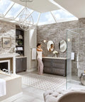 Luxurious bathroom with Dartmoor Posi-Temp Tub Faucet Trim Kit Chrome Finish M-Pact Valve Compatible T2182, modern decor.