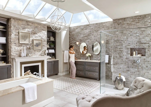 Luxurious bathroom with Dartmoor Posi-Temp Tub Faucet Trim Kit Chrome Finish M-Pact Valve Compatible T2182, modern decor.