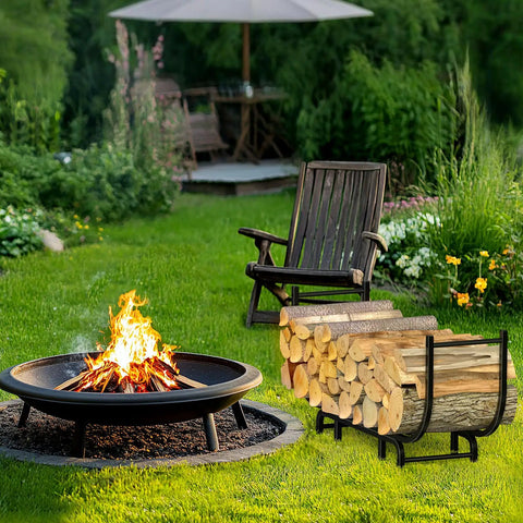 Curved Firewood Rack, 48-Inch Heavy Duty Log Holder For Indoor And Outdoor Use by a fire pit with stacked logs in a garden setting