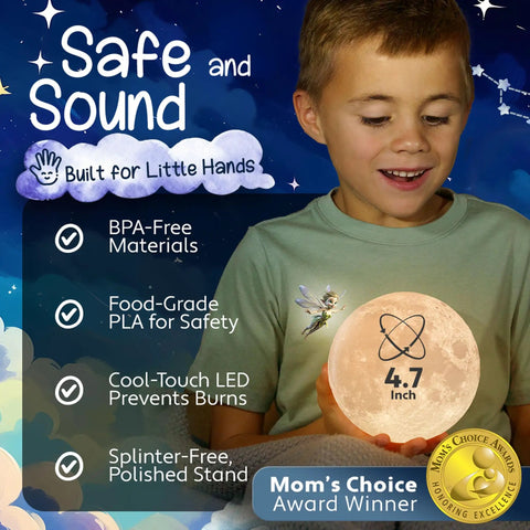 Boy holding 3D Moon Night Light For Kids Bedroom Dope Color Changing Globe LED, 4.7 Inch, with safety features listed.
