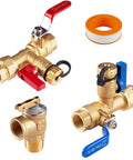 Brass 3/4 in IPS tankless water heater service valve kit with pressure-relief valve; red and blue handles, tape roll
