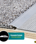 Silver Durable Aluminum Carpet Trim Built To Last One And Three Eighths Inch By Thirty Six Inch with carpet and laminate transition.